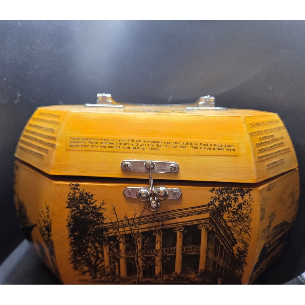 Vintage Yellow Wooden Jewelry Organizer Box with Historic Print - Picture 2 of 10